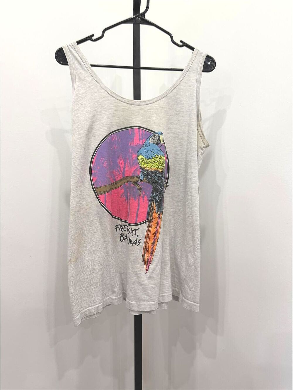 Freeport, Bahamas Graphic Tank Top Light Gray Multicolor Parrot Print Medium